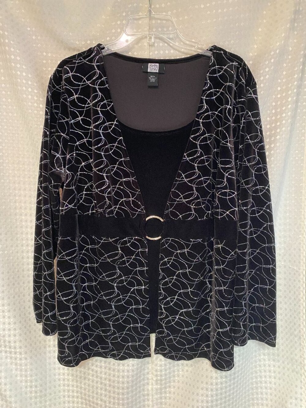 Studio 1940 Silver Swirl Black Velvet 2-in-1 Layered Tunic Top Size 18/20W